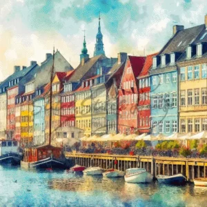 Artistic watercolor Nyhavn Copenhagen Denmark waterfront buildings cross stitch pattern for handmade Nordic architecture embroidery