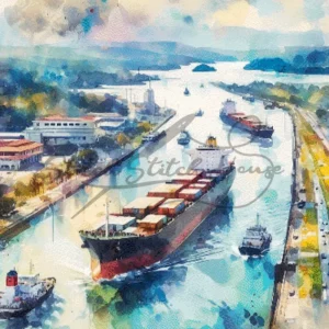 Artistic watercolor Panama Canal with cargo ships cross stitch pattern for handmade maritime engineering embroidery