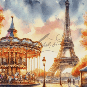 Paris Eiffel Tower and Vintage Carousel Cross Stitch Pattern Design