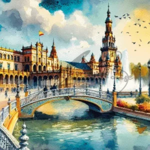 Artistic watercolor Plaza de España Sevilla Spain cross stitch pattern for handmade architecture embroidery