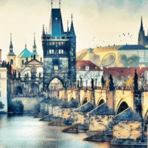 Artistic watercolor Powder Gate Tower Prague Czech Republic vintage cityscape cross stitch pattern for handmade architectural embroidery