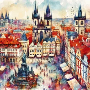 Vibrant watercolor Prague Old Town Square Czech Republic cross stitch pattern for handmade bohemian city embroidery