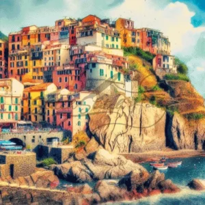 Artistic watercolor Riomaggiore Cinque Terre Italy cliffside village cross stitch pattern for handmade coastal embroidery