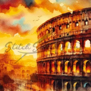 Sunset watercolor Rome Colosseum Italy cross stitch pattern for handmade embroidery wall art