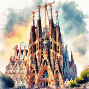Vibrant watercolor Sagrada Familia Barcelona cross stitch pattern for handmade architecture embroidery