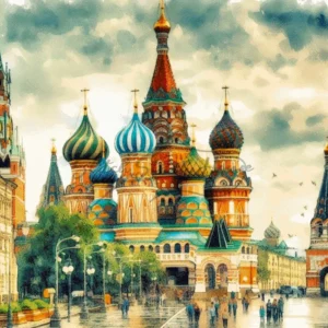 Colorful watercolor Saint Basil's Cathedral Moscow cross stitch pattern for handmade embroidery