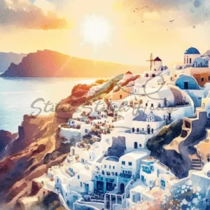 Breathtaking watercolor Santorini Greece sunrise with blue dome churches cross stitch pattern for handmade coastal embroidery