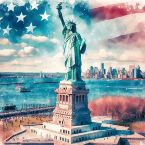 Artistic watercolor Statue of Liberty New York cross stitch pattern for handmade embroidery wall art