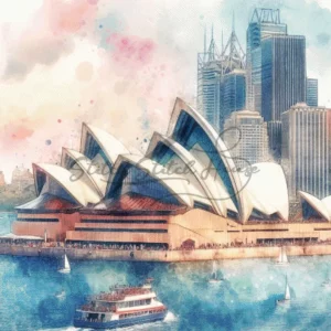 Elegant watercolor Sydney Opera House Australia with city skyline cross stitch pattern for handmade architectural embroidery