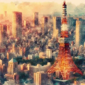 Stunning watercolor Tokyo Tower Japan city landscape at sunset cross stitch pattern for handmade urban embroidery