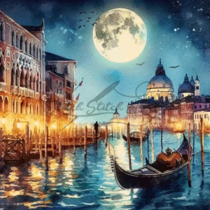 Romantic watercolor Venice Grand Canal at night with moonlight Cross Stitch Pattern for handmade embroidery