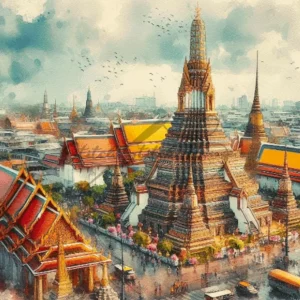 Artistic watercolor Wat Pho Bangkok Thailand temple towers cross stitch pattern for handmade Buddhist architecture embroidery