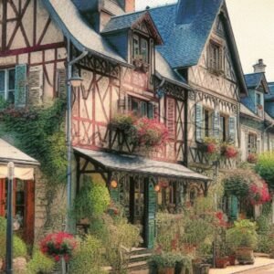 Charming watercolor Le Bec-Hellouin Normandy France village cross stitch pattern featuring traditional half-timbered houses and lush flower gardens