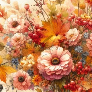 Autumn Flowers Bouquet Cross Stitch Pattern with warm orange maple leaves and pink floral blooms