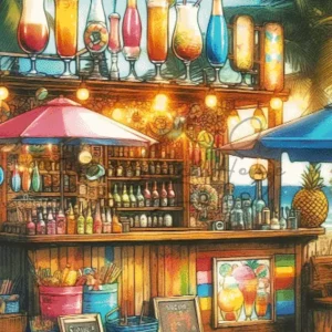 Colorful tropical beach cocktail bar with palm trees and sunset drinks cross stitch pattern