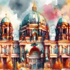 Stunning watercolor Berlin Cathedral Germany city landscape cross stitch pattern for handmade historical landmark embroidery