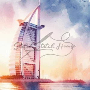 Elegant watercolor Burj Al Arab Dubai UAE cityscape cross stitch pattern for handmade modern landmark embroidery