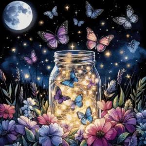 Magical night garden with butterflies flying around a glowing glass jar under a full moon cross stitch pattern