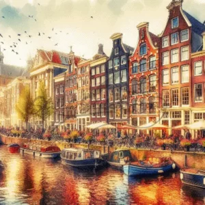 Picturesque watercolor Canals of Amsterdam Netherlands cityscape cross stitch pattern for handmade European architecture embroidery