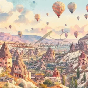 Dreamy watercolor Cappadocia Turkey hot air balloon and fairy chimney landscape cross stitch pattern for handmade travel landmark embroidery