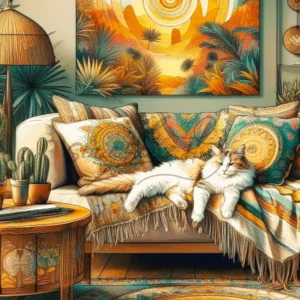 Long-haired cat napping on a bohemian style sofa with exotic patterned pillows and cactus cross stitch pattern