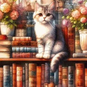 Cute fluffy cat sitting on a vintage bookshelf with old books and flowers cross stitch pattern