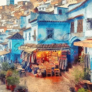Artistic watercolor Chefchaouen Morocco cityscape cross stitch pattern featuring blue-washed buildings and traditional African market stalls