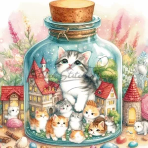 Cute kittens living in a fantasy glass jar house with tiny buildings cross stitch pattern