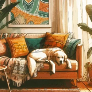 Golden dog sleeping on a cozy sofa with ethnic patterned cushions and indoor plants cross stitch pattern