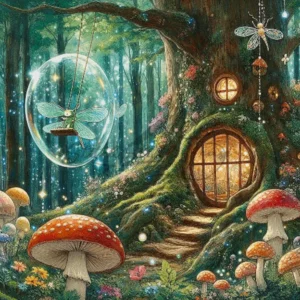 Magical fairies in the forest with mushrooms and tree house cross stitch pattern for fantasy home decor