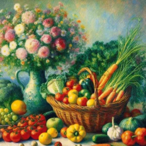 Oil paint style flowers fruit and vegetables basket cross stitch pattern for home kitchen decor