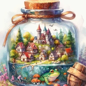 Whimsical frog village inside a glass jar with miniature European houses and castle cross stitch pattern