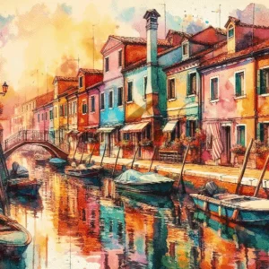 Artistic watercolor Grand Canal Venice Italy landscape cross stitch pattern featuring gondolas and historic Venetian architecture