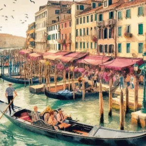 Artistic watercolor Grand Canal Venice Italy landscape cross stitch pattern with gondolas and historic Italian architecture