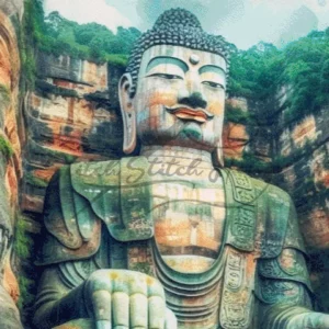 Serene watercolor Leshan Giant Buddha in Sichuan China landscape cross stitch pattern for handmade Zen landmark embroidery
