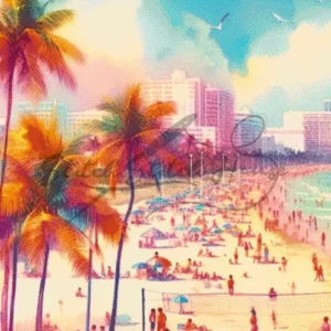 Vibrant watercolor Miami Beach Florida sunset landscape cross stitch pattern with tropical palm trees and colorful beach crowd