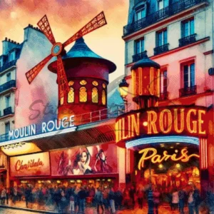 Vibrant watercolor Moulin Rouge Paris France nightlife scene cross stitch pattern with iconic red windmill and neon lights