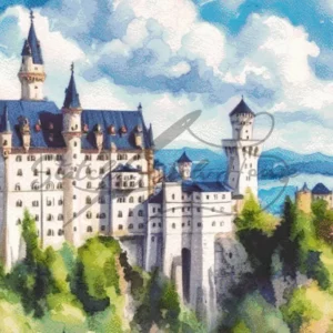 Dreamy watercolor Neuschwanstein New Swanstone Castle Germany landscape cross stitch pattern for handmade fairy tale architecture embroidery