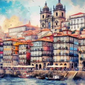 Stunning watercolor Porto Portugal city view cross stitch pattern featuring historic Ribeira buildings, Douro river, and traditional boats