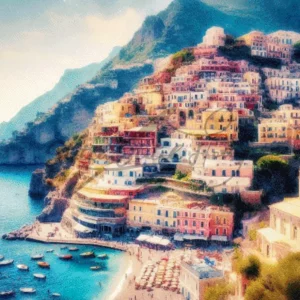 Picturesque watercolor Positano Amalfi Coast Italy cliffside village cross stitch pattern with colorful houses and turquoise sea
