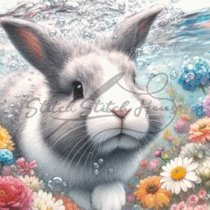 Hand-drawn rabbit swimming under flower sea cross stitch pattern with colorful floral details