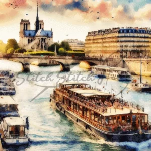 Romantic watercolor Seine River Paris cityscape cross stitch pattern featuring tourist boats and Notre Dame Cathedral silhouette