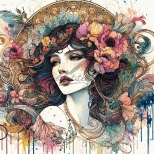 Art Nouveau style Victorian woman with floral hair ornaments and watercolor splash background cross stitch pattern