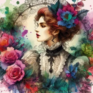 Victorian era noble woman with curly hair, lace collar, jewelry, and roses background cross stitch pattern