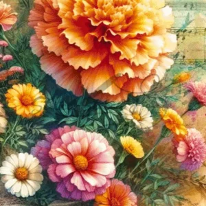 Vintage Marigold Flower Cross Stitch Pattern for Hand Embroidery with Music Score Background