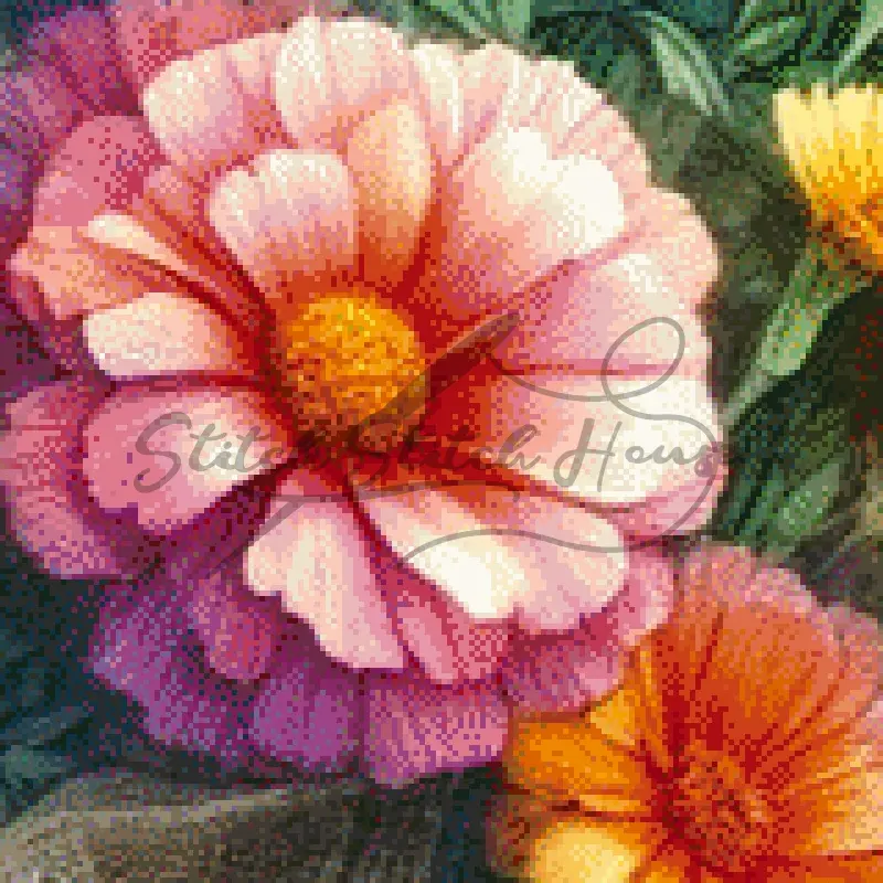 Vintage Marigold Flower Cross Stitch Pattern for Hand Embroidery with Music Score Background_