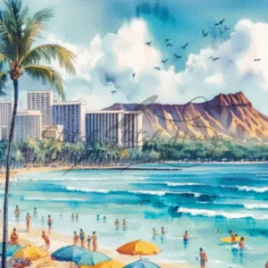 Vibrant watercolor Waikiki Beach Hawaii and Diamond Head landscape cross stitch pattern for handmade tropical embroidery