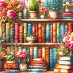 Handmade cross stitch pattern of a vintage bookshelf filled with colorful books, blooming flowers, and potted plants