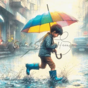 Little boy splashing in puddles with a colorful rainbow umbrella, hand embroidery cross stitch pattern design