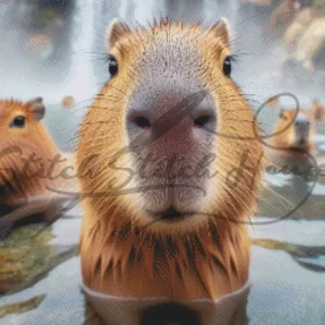 Cute capybaras soaking in a steaming hot spring bath realistic cross stitch pattern